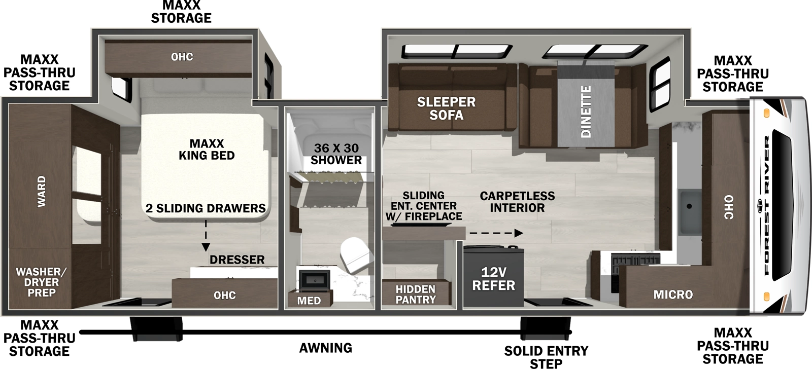 The Wildcat Travel Trailers 277FKX floorplan has two entries and two slide outs. Exterior features include: fiberglass exterior. Interiors features include: front kitchen, rear bedroom and pass through bathroom.